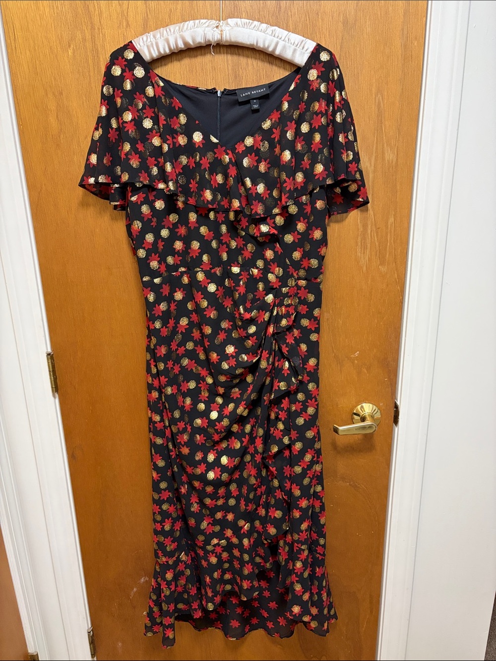 Black Floral Dress with Red and Gold Accents